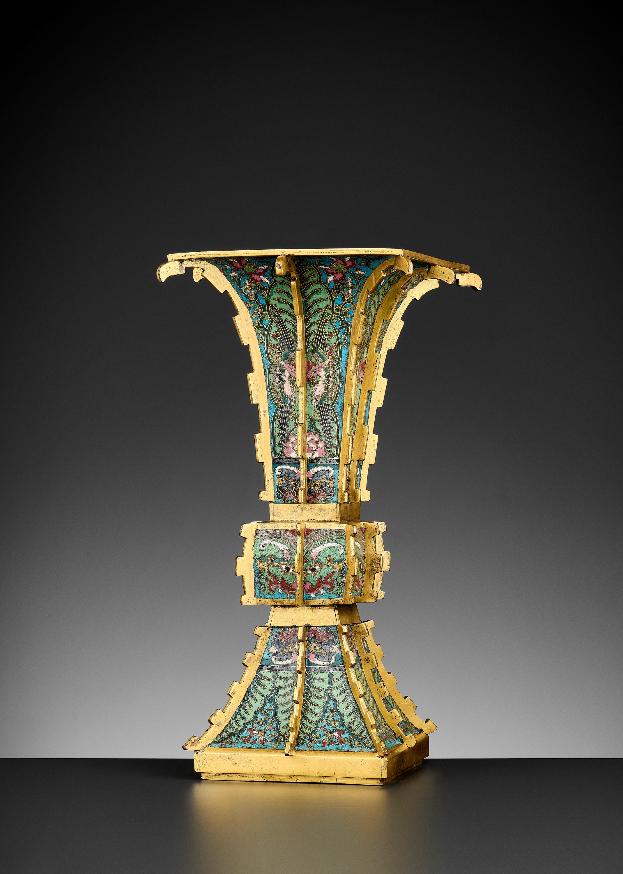 Lot 4 - A GILT-BRONZE CLOISONNÉ ENAMEL VASE, FANG GU,