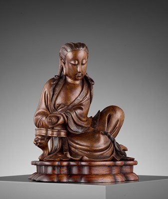 Lot 400 - A CARVED AND LACQUERED HARDWOOD FIGURE OF GUANYIN, QING DYNASTY