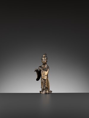 Lot 30 - A PARCEL-GILT BRONZE FIGURE OF A FLUTIST, SONG TO MING DYNASTY