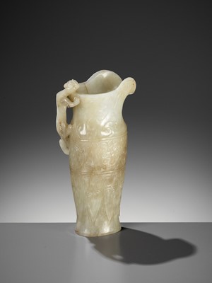 Lot 100 - AN IMPERIAL CELADON AND RUSSET JADE ‘CHILONG’ RHYTON, QIANLONG MARK AND PERIOD