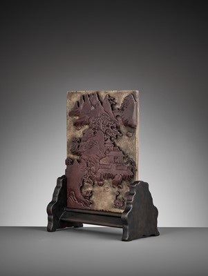 Lot 44 - A DUAN STONE ‘LANDSCAPE AND POEM’ TABLE SCREEN, QING DYNASTY