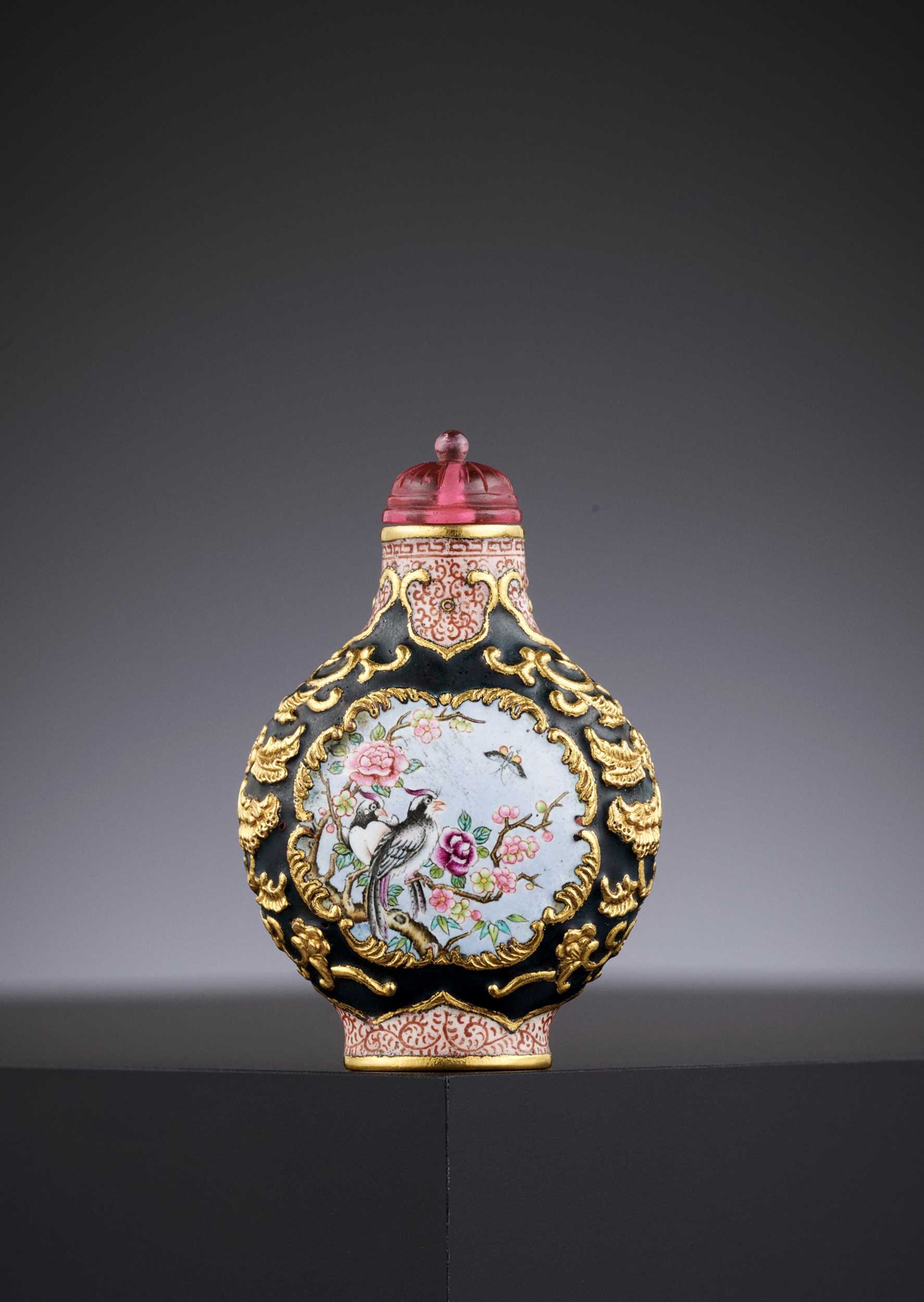 Lot 313 - AN IMPERIAL BEIJING ENAMEL GILT COPPER SNUFF BOTTLE, PALACE WORKSHOPS, QIANLONG BLUE ENAMEL FOUR-CHARACTER MARK AND OF THE PERIOD