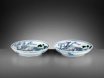 Lot 218 - A PAIR OF DOUCAI ‘DEER AND MONKEY’ DISHES, KANGXI PERIOD