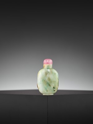 Lot 300 - A GREEN AND RUSSET JADE ‘CHILONG AND BIRD’ SNUFF BOTTLE, QING DYNASTY