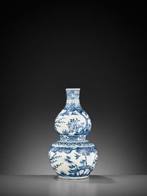 Lot 204 - A BLUE AND WHITE ‘THREE FRIENDS OF WINTER’ DOUBLE-GOURD VASE, 17TH CENTURY