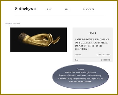 Lot 402 - A MASSIVE LACQUER-GILT COPPER REPOUSSÉ ‘KARANA MUDRA’ HAND OF BUDDHA, MING TO EARLY QING