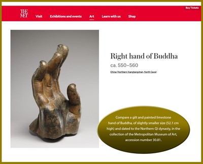 Lot 402 - A MASSIVE LACQUER-GILT COPPER REPOUSSÉ ‘KARANA MUDRA’ HAND OF BUDDHA, MING TO EARLY QING