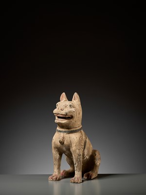 Lot 140 - A PAINTED GRAY POTTERY FIGURE OF A GUARD DOG, HAN DYNASTY