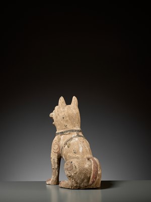 Lot 140 - A PAINTED GRAY POTTERY FIGURE OF A GUARD DOG, HAN DYNASTY