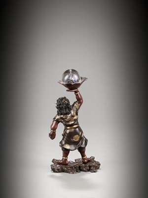 Lot 12 - A LARGE PARCEL-GILT BRONZE MIYAO STYLE FIGURE OF AN ONI WITH ROCK CRYSTAL BALL