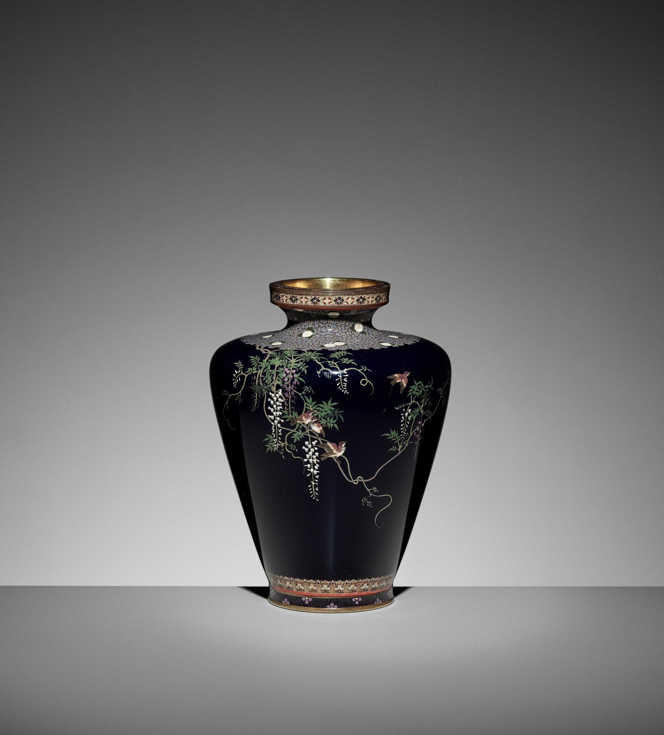 A FINE CLOISONNÉ ENAMEL VASE WITH SPARROWS AND WISTERIA, ATTRIBUTED TO THE...
