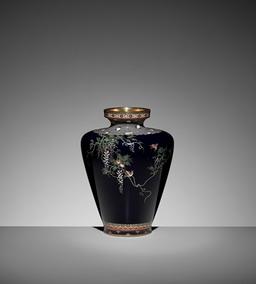 Lot 362 - A FINE CLOISONNÉ ENAMEL VASE WITH SPARROWS AND WISTERIA, ATTRIBUTED TO THE WORKSHOP OF HAYASHI KODENJI