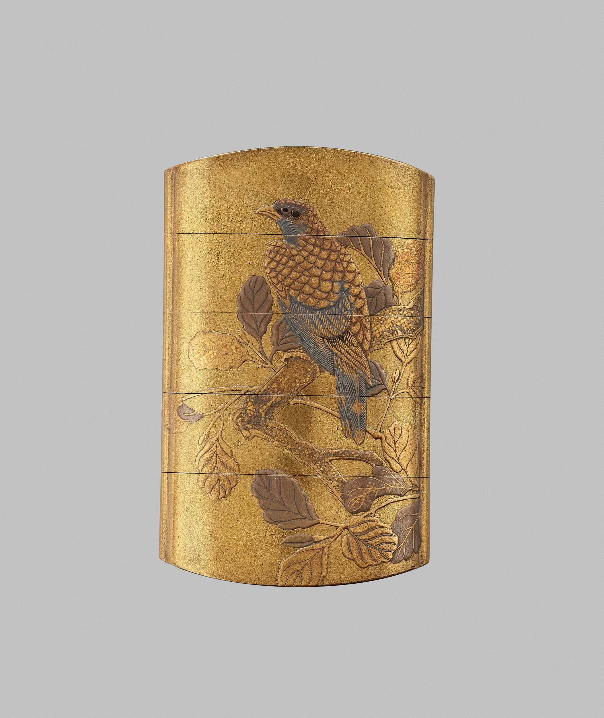 Lot 617 - YOYUSAI: A FINE GOLD LACQUER FOUR-CASE INRO WITH A HAWK AND TWO HERONS