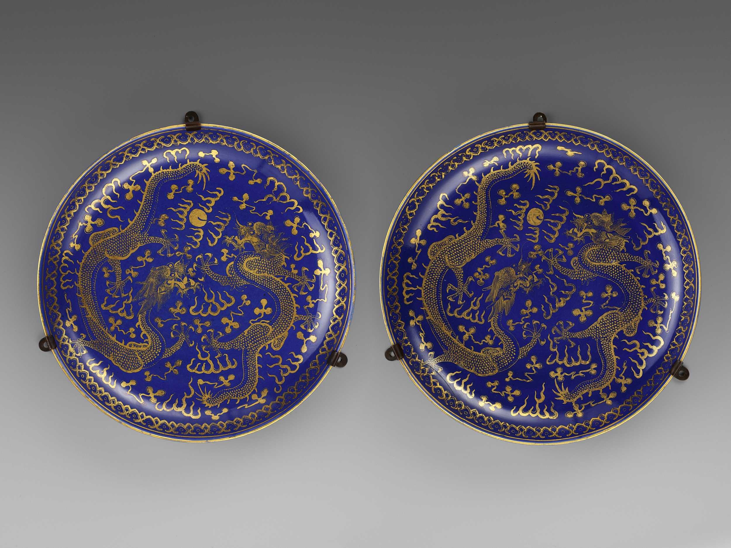 Lot 274 - A PAIR OF POWDER-BLUE-GLAZED GILT-DECORATED ‘DRAGON’ CHARGERS, GUANGXU MARKS AND OF THE PERIOD