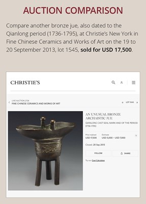 A RARE PAIR OF ARCHAISTIC BRONZE JUE QIANLONG MARK AND PERIOD