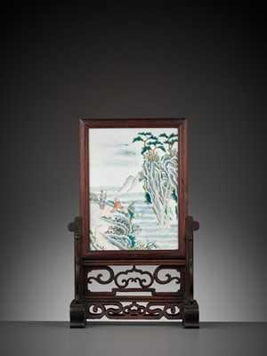 Lot 293 - A ‘MOONLIT WATERFALL’ FAMILLE VERTE TABLE SCREEN, QING DYNASTY