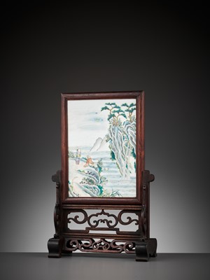 Lot 293 - A ‘MOONLIT WATERFALL’ FAMILLE VERTE TABLE SCREEN, QING DYNASTY