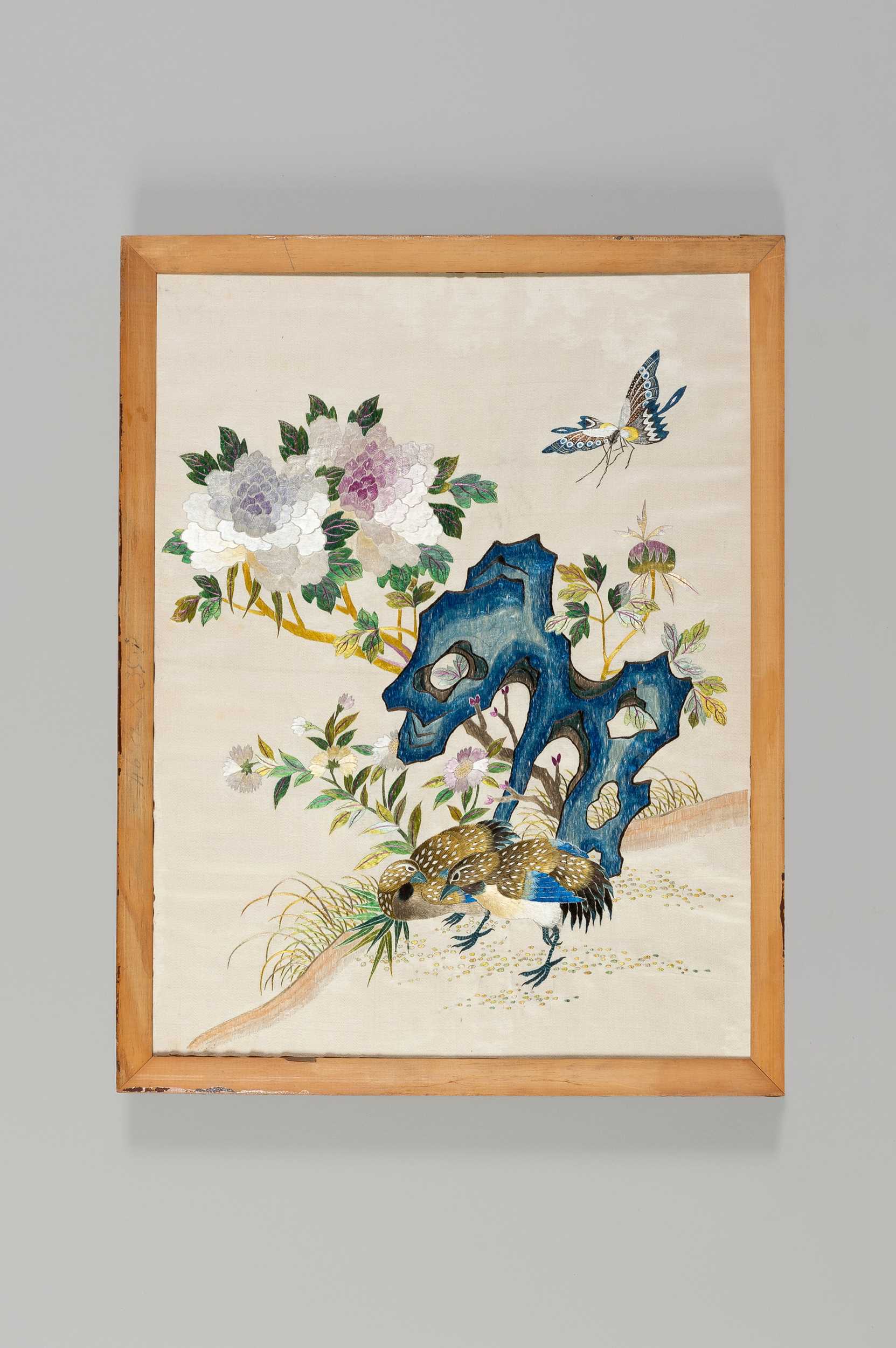 Lot 1003 - A FINE ‘SATIN STITCH’ EMBROIDERY OF QUAILS