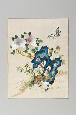 Lot 1003 - A FINE ‘SATIN STITCH’ EMBROIDERY OF QUAILS