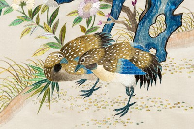 Lot 1003 - A FINE ‘SATIN STITCH’ EMBROIDERY OF QUAILS