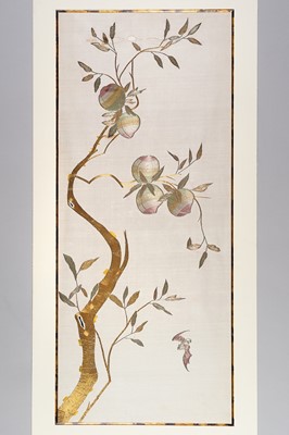Lot 826 - A LARGE EMBROIDERED ‘PEACHES & BAT’ LONGEVITY SILK PANEL