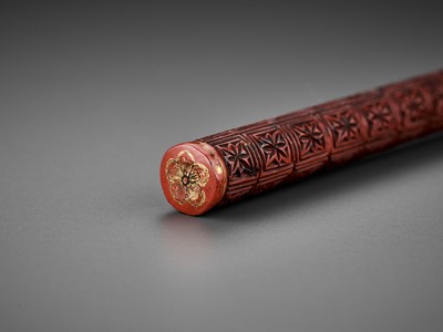 Lot 453 - A CARVED RED LACQUER BRUSH AND COVER, LATE MING DYNASTY