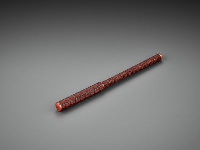 Lot 453 - A CARVED RED LACQUER BRUSH AND COVER, LATE MING DYNASTY