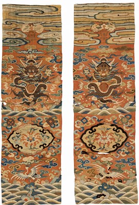 Lot 506 - A PAIR OF SILK KESI ‘DRAGON’ CHAIR COVERS, LATE MING TO EARLY QING
