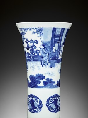 Lot 207 - A BLUE AND WHITE ‘ROMANCE OF THE WESTERN CHAMBER’ BEAKER VASE, 17TH CENTURY