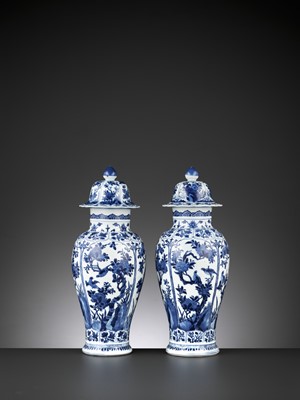 Lot 216 - A PAIR OF BLUE AND WHITE BALUSTER VASES AND COVERS, KANGXI PERIOD