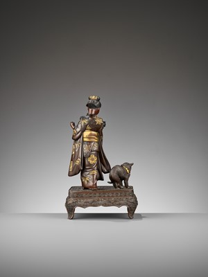 Lot 7 - MIYAO: A RARE GOLD-INLAID BRONZE OKIMONO OF A LADY WITH CATS