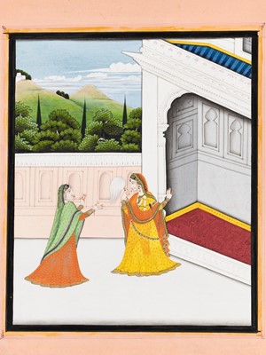 Lot 1236 - AN INDIAN MINIATURE PAINTING OF A NAYIKA AND HER SAKHI