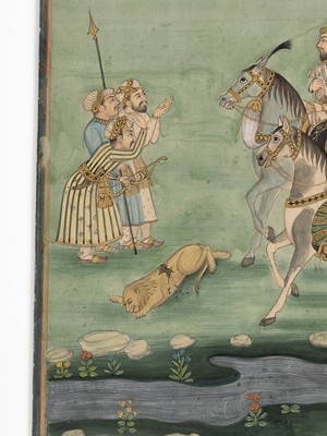 Lot 613 - AN INDIAN MINIATURE PAINTING DEPICTING A LION HUNT