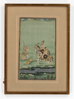 Lot 613 - AN INDIAN MINIATURE PAINTING DEPICTING A LION HUNT