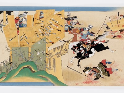 Lot 87 - AN EXTREMELY RARE AND HIGHLY IMPORTANT SET OF THREE SCROLL PAINTINGS, WITH A TOTAL LENGTH OVER 55 METERS, DEPICTING THE SAMURAI WARS OF 1083