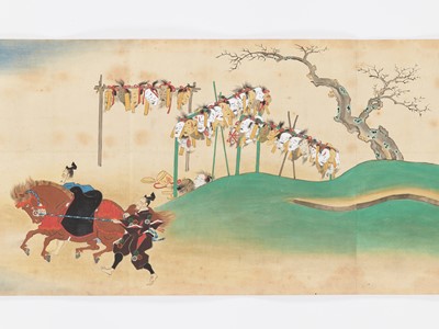 Lot 87 - AN EXTREMELY RARE AND HIGHLY IMPORTANT SET OF THREE SCROLL PAINTINGS, WITH A TOTAL LENGTH OVER 55 METERS, DEPICTING THE SAMURAI WARS OF 1083
