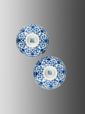 Lot 230 - A PAIR OF BLUE AND WHITE ‘BAJIXIANG’ STEM BOWLS, QIANLONG MARKS AND OF THE PERIOD