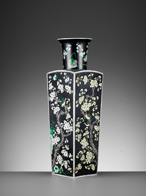 Lot 289 - A FAMILLE NOIRE ‘BIRDS AND PRUNUS’ SQUARE BALUSTER VASE, QING DYNASTY