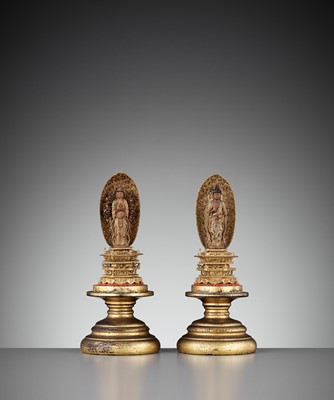 Lot 129 - A VERY FINE AND RARE PAIR OF GILT-LACQUERED MINIATURE FIGURES OF KANNON AND SENJU