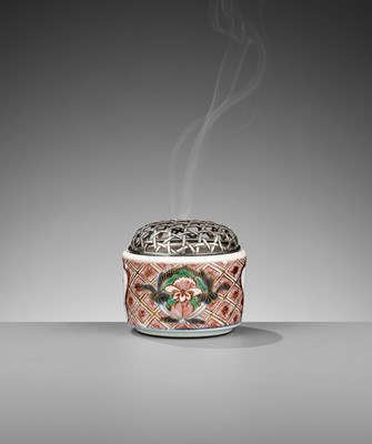 Lot 1145 - A KUTANI KORO (INCENSE BURNER) WITH A SILVER RETICULATED COVER