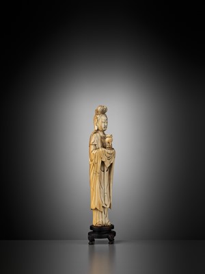 Lot 472 - AN IVORY FIGURE OF A LADY HOLDING A CENSER, LATE MING DYNASTY