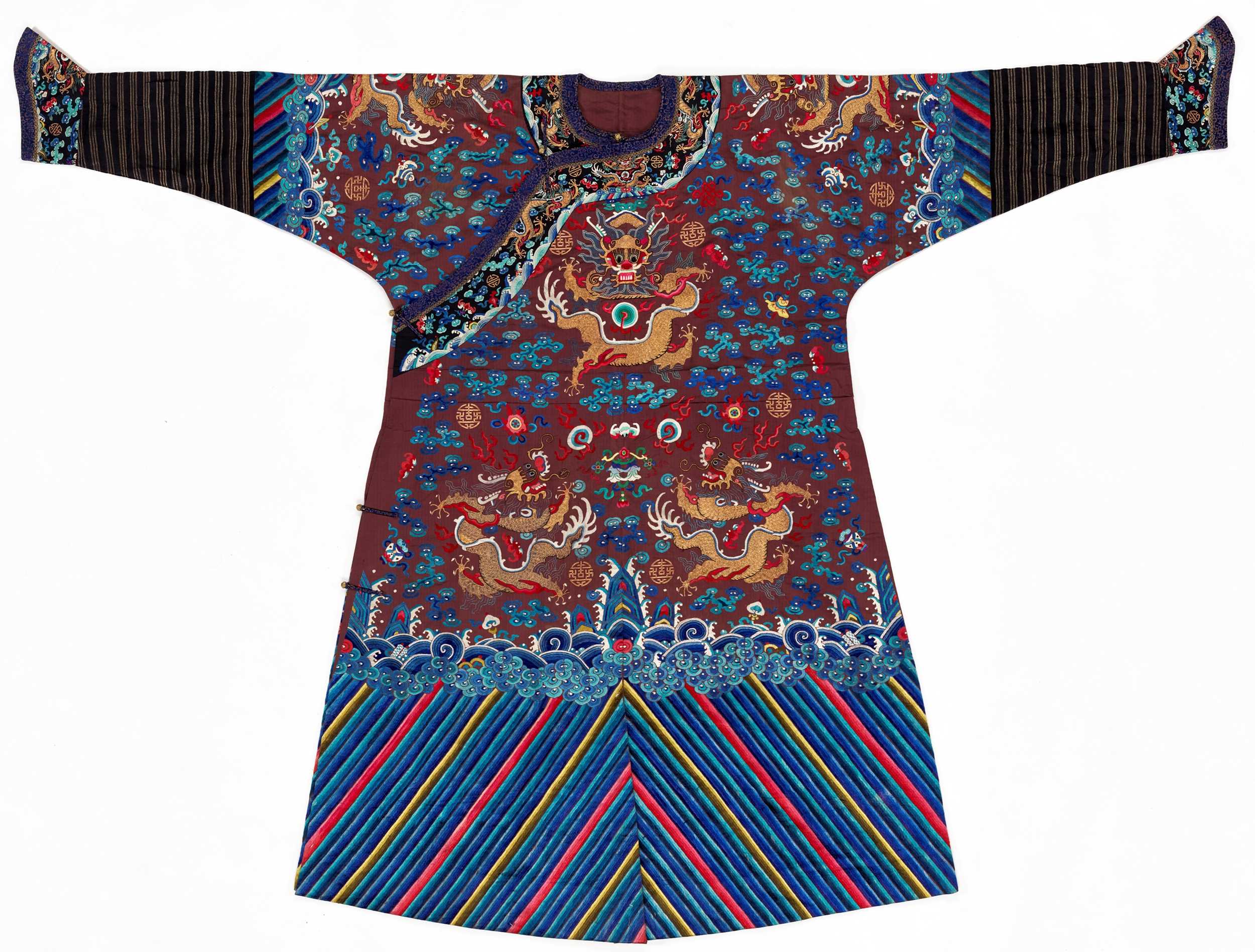 Lot 516 - A BROWN EMBROIDERED ‘DRAGON’ ROBE, JIFU, QING DYNASTY