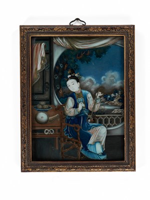 Lot 526 - A REVERSE-GLASS PAINTING OF A LADY PLAYING THE HUQIN, QING DYNASTY