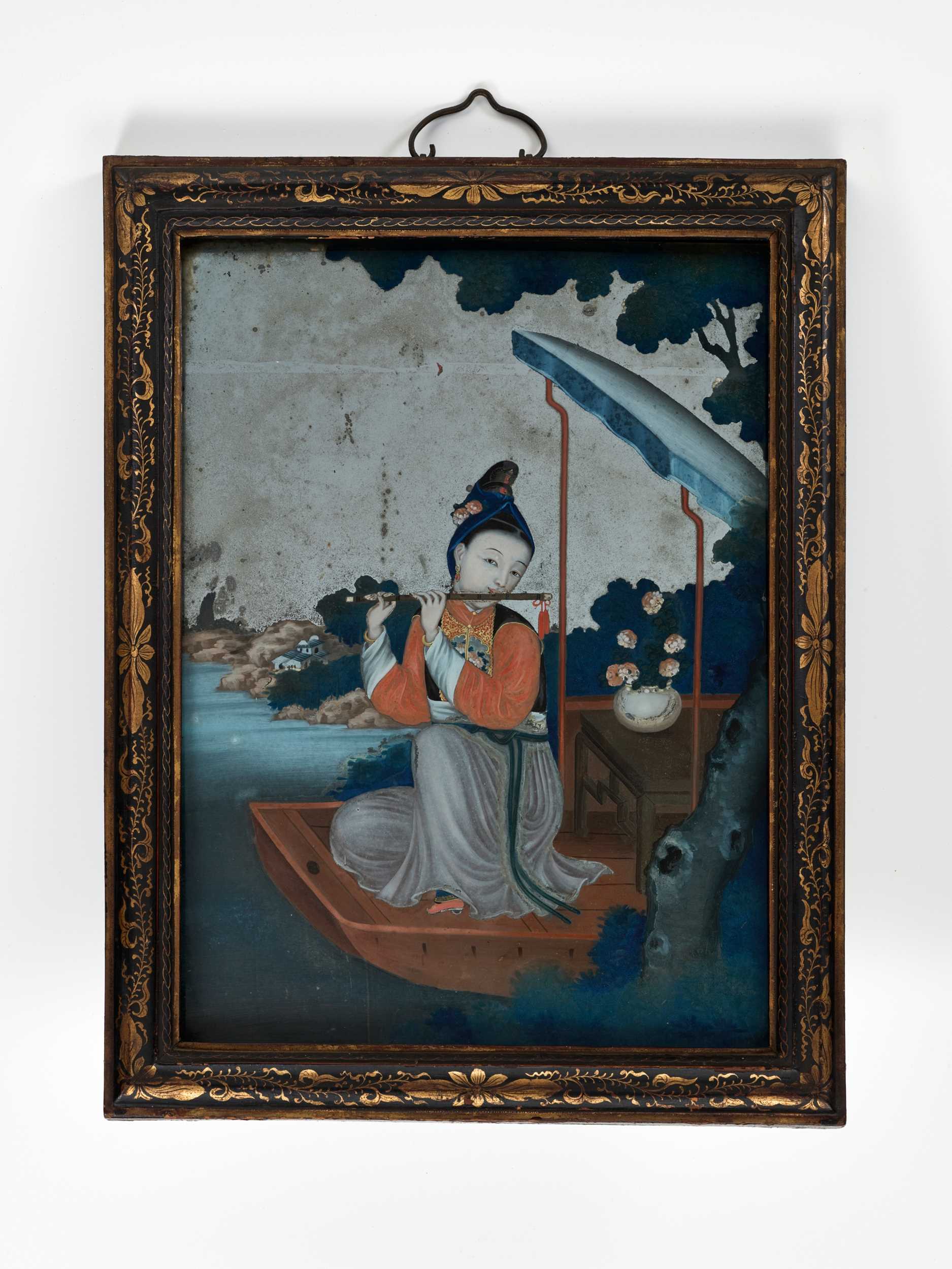 Lot 525 - A REVERSE-GLASS MIRROR PAINTING OF A LADY PLAYING THE DIZI, QING DYNASTY