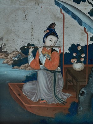 Lot 525 - A REVERSE-GLASS MIRROR PAINTING OF A LADY PLAYING THE DIZI, QING DYNASTY