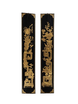 Lot 64 - A PAIR OF GILT-LACQUERED ‘ANTIQUE TREASURES’ WOOD PANELS, QING DYNASTY