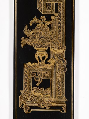 Lot 64 - A PAIR OF GILT-LACQUERED ‘ANTIQUE TREASURES’ WOOD PANELS, QING DYNASTY