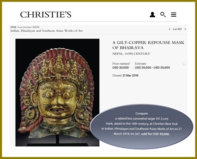 Lot 418 - A GILT BRONZE MASK OF BHAIRAVA, 16TH-17TH CENTURY