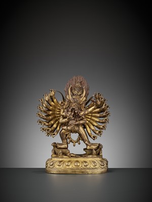 Lot 414 - A GILT BRONZE FIGURE OF VAJRABHAIRAVA AND VAJRA VETALI, QIANLONG