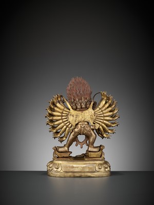 Lot 414 - A GILT BRONZE FIGURE OF VAJRABHAIRAVA AND VAJRA VETALI, QIANLONG